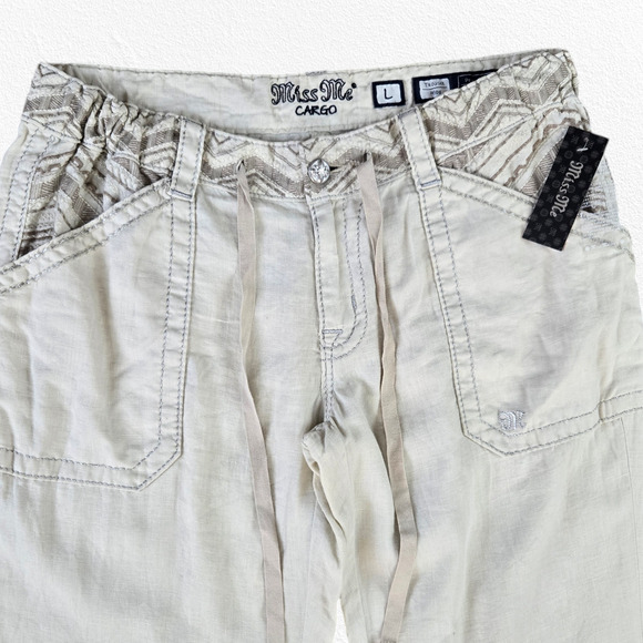 Miss Me Beige Linen Blend Wide Leg Cargo Boho Pants Size Large Y2K 2010s Style - Picture 3 of 14